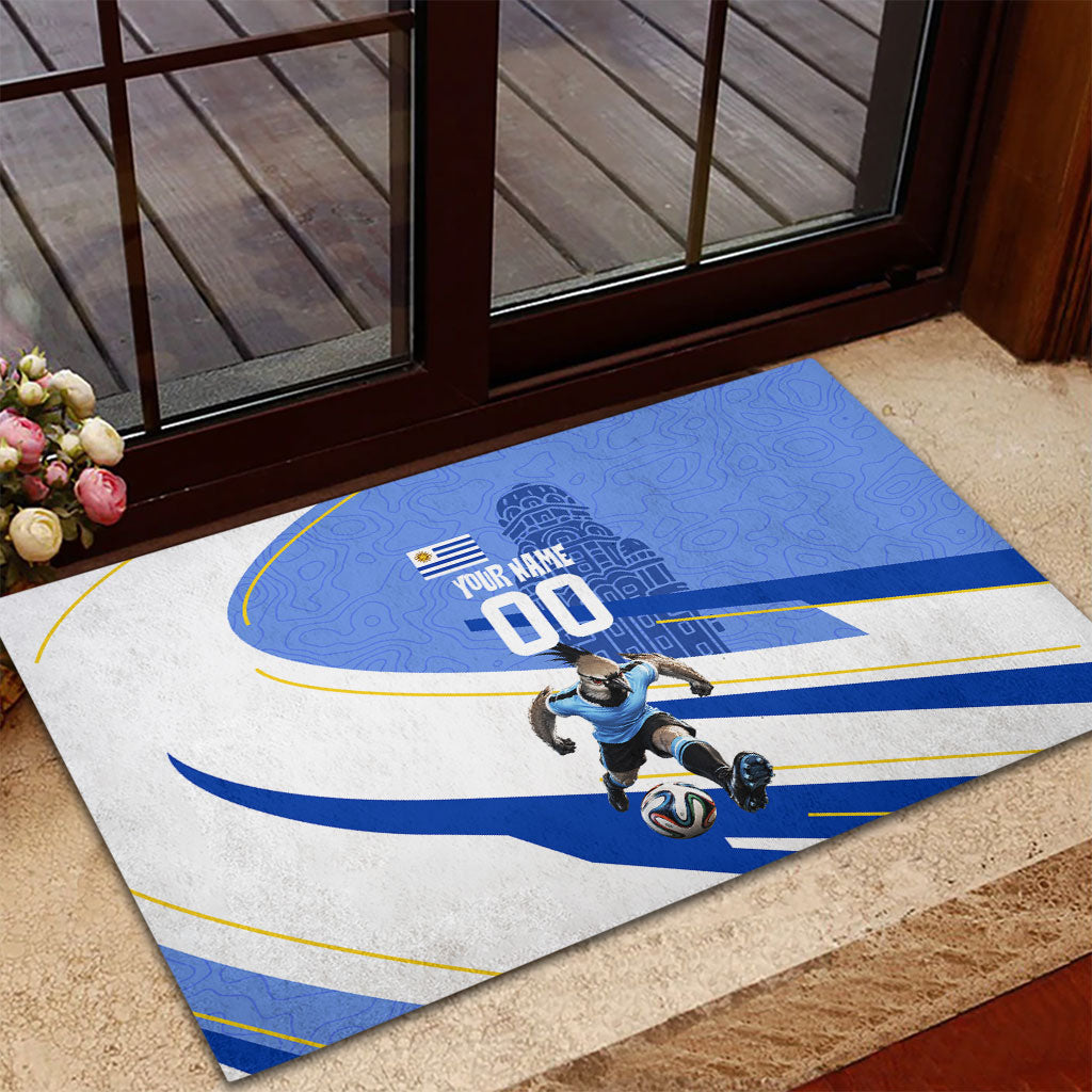 Personalized Uruguay Soccer Southern Lapwing Rubber Doormat Uruguayan Football Blue Topographic Pattern