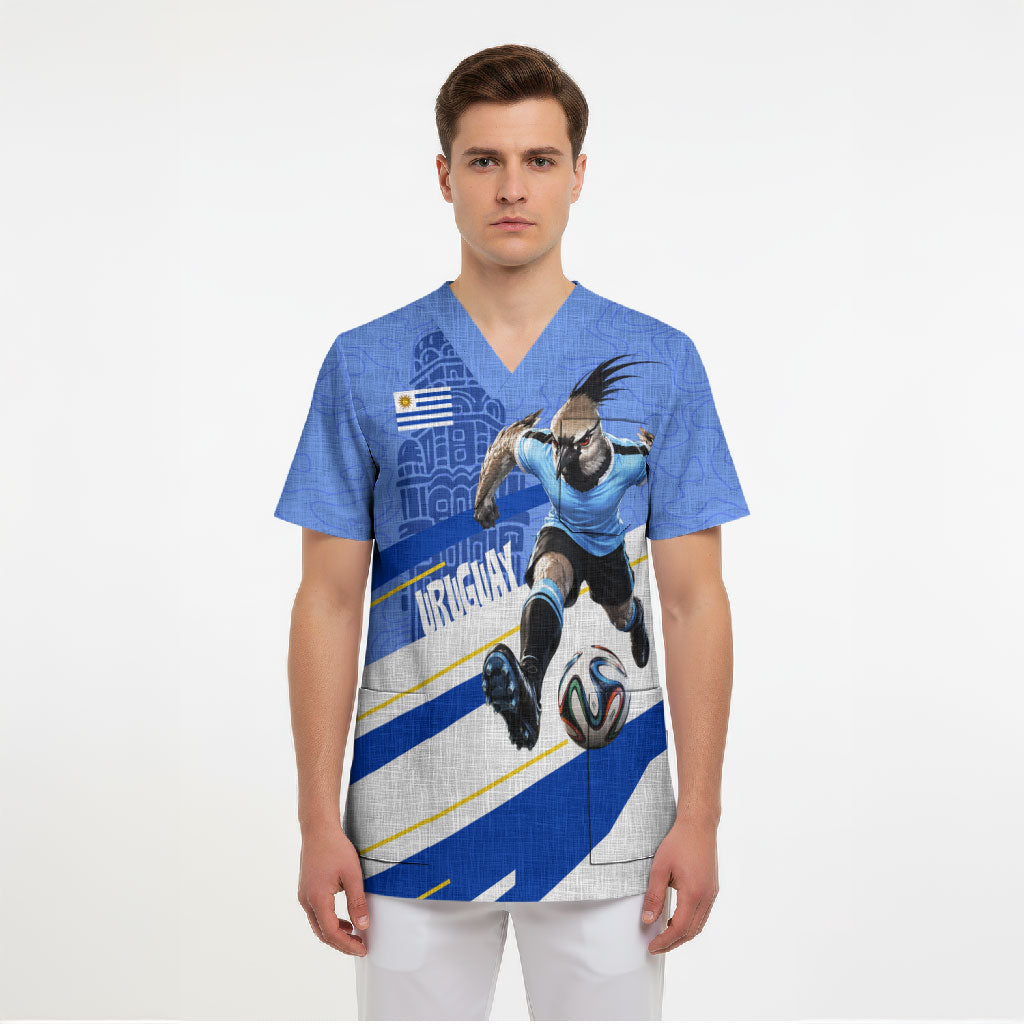 Personalized Uruguay Soccer Southern Lapwing Scrub Top Uruguayan Football Blue Topographic Pattern