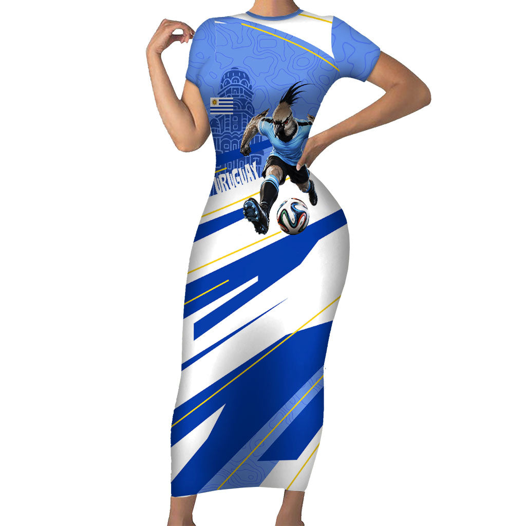 Personalized Uruguay Soccer Southern Lapwing Short Sleeve Bodycon Dress Uruguayan Football Blue Topographic Pattern