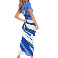 Personalized Uruguay Soccer Southern Lapwing Short Sleeve Bodycon Dress Uruguayan Football Blue Topographic Pattern