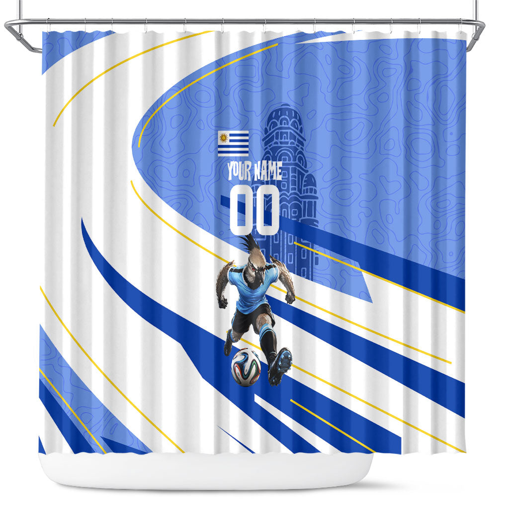 Personalized Uruguay Soccer Southern Lapwing Shower Curtain Uruguayan Football Blue Topographic Pattern