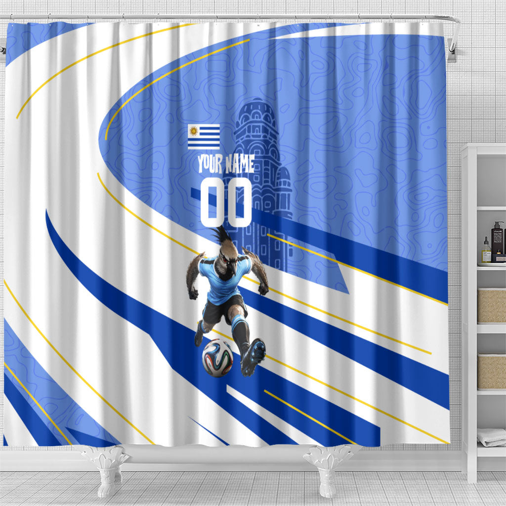 Personalized Uruguay Soccer Southern Lapwing Shower Curtain Uruguayan Football Blue Topographic Pattern