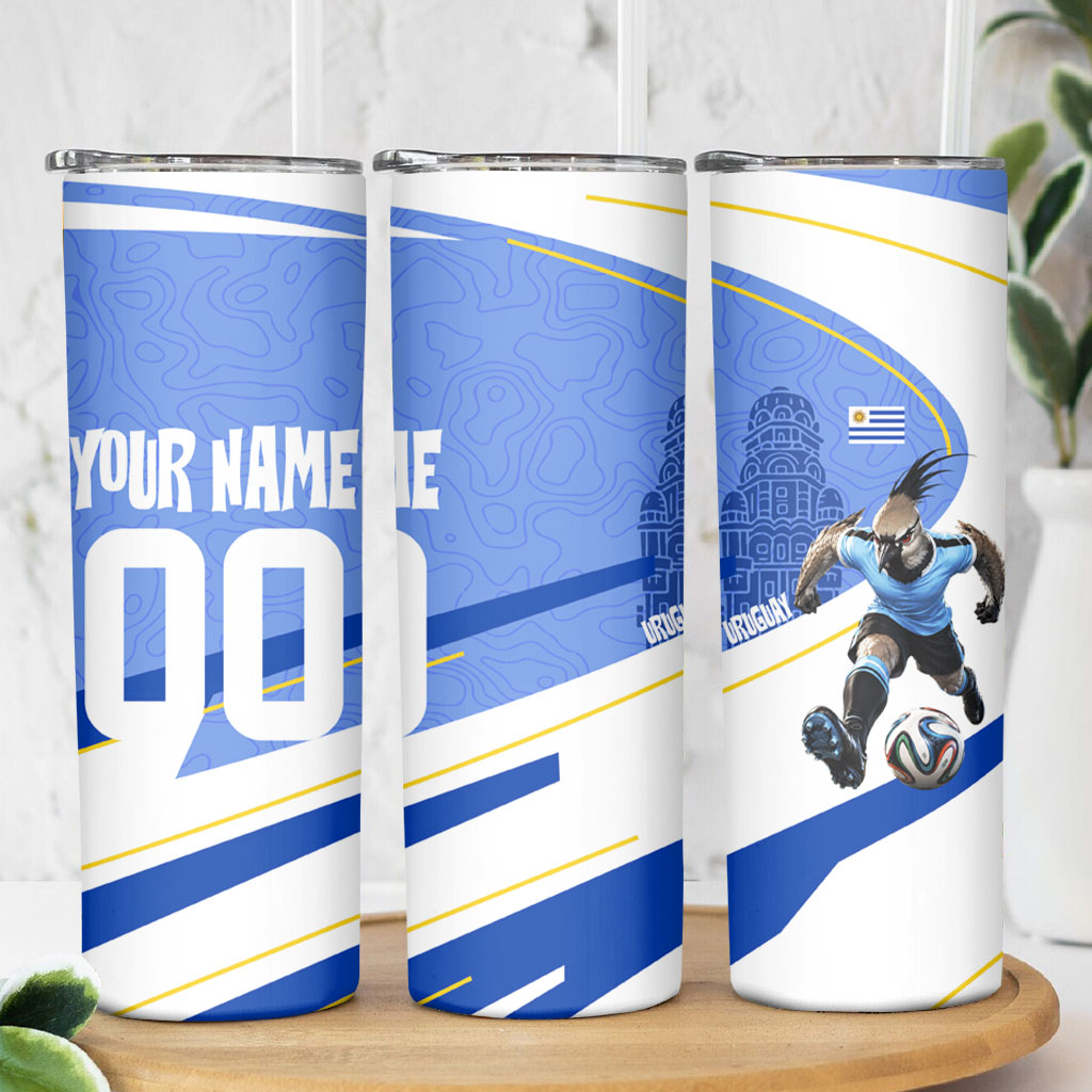 Personalized Uruguay Soccer Southern Lapwing Skinny Tumbler Uruguayan Football Blue Topographic Pattern
