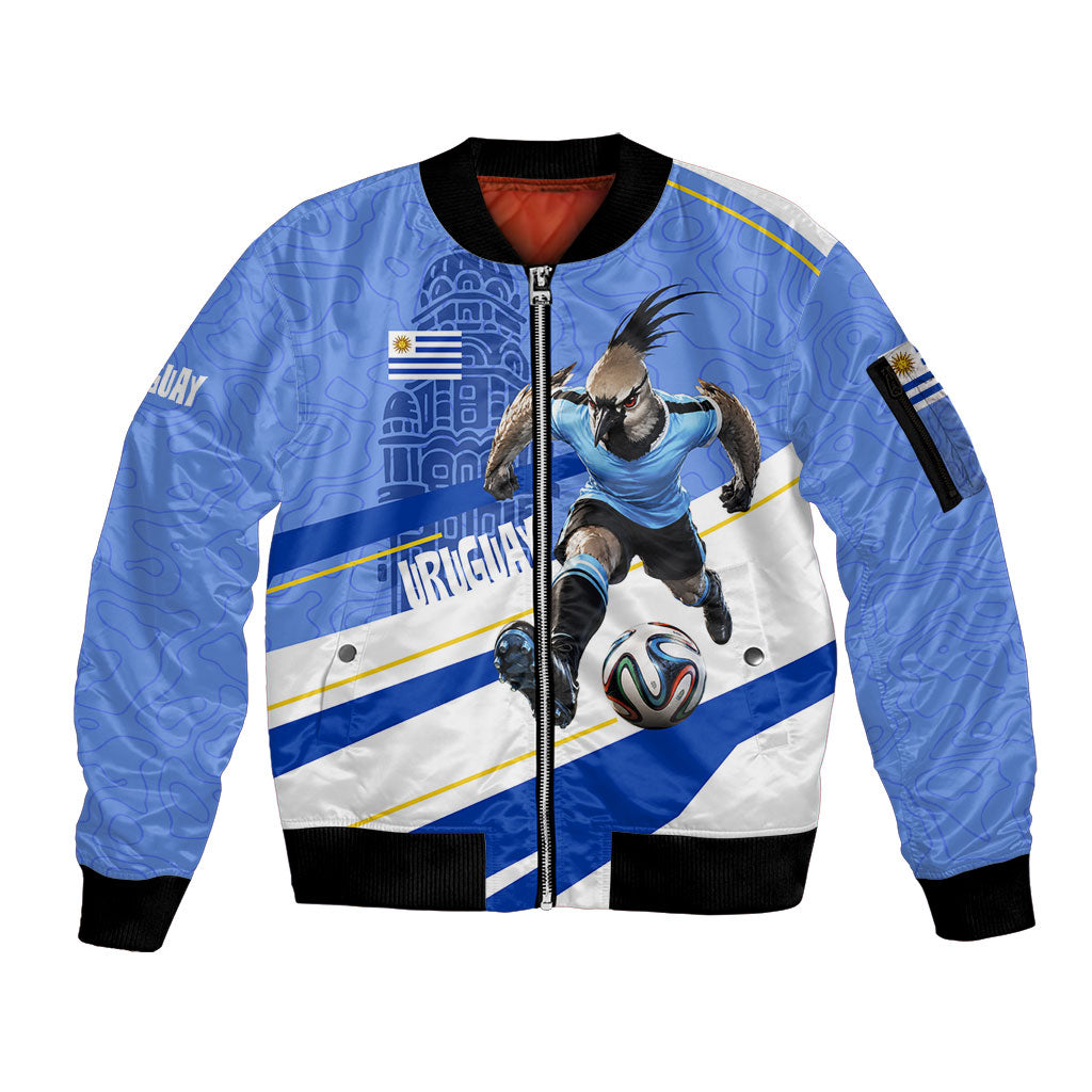 Personalized Uruguay Soccer Southern Lapwing Sleeve Zip Bomber Jacket Uruguayan Football Blue Topographic Pattern