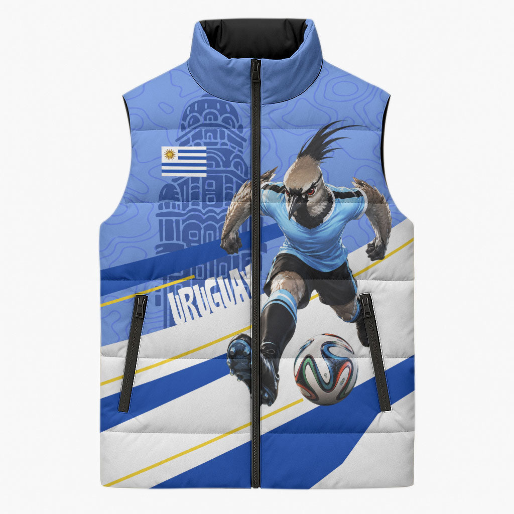 Personalized Uruguay Soccer Southern Lapwing Sleeveless Puffer Jacket Uruguayan Football Blue Topographic Pattern