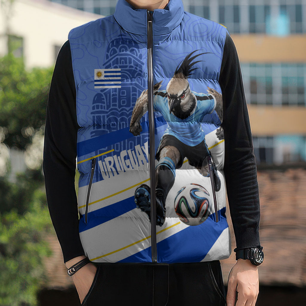 Personalized Uruguay Soccer Southern Lapwing Sleeveless Puffer Jacket Uruguayan Football Blue Topographic Pattern