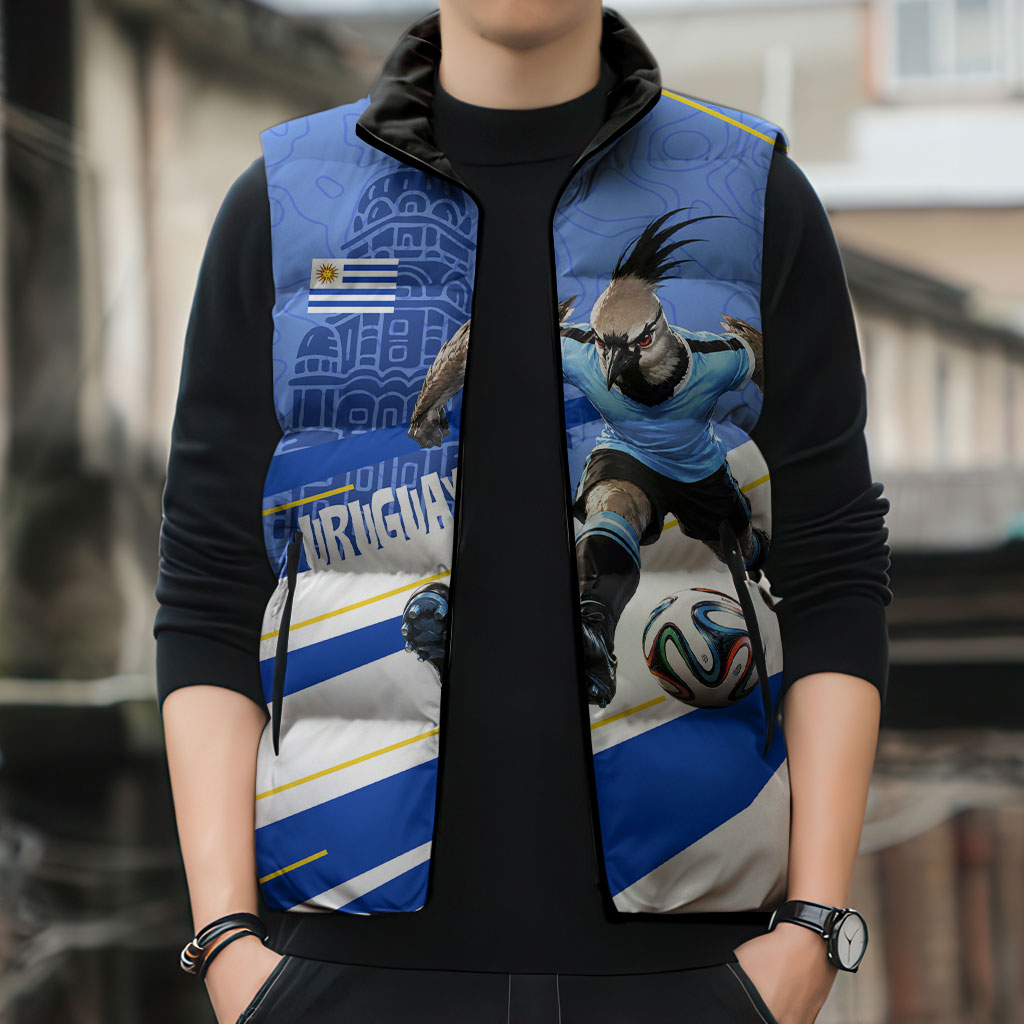 Personalized Uruguay Soccer Southern Lapwing Sleeveless Puffer Jacket Uruguayan Football Blue Topographic Pattern
