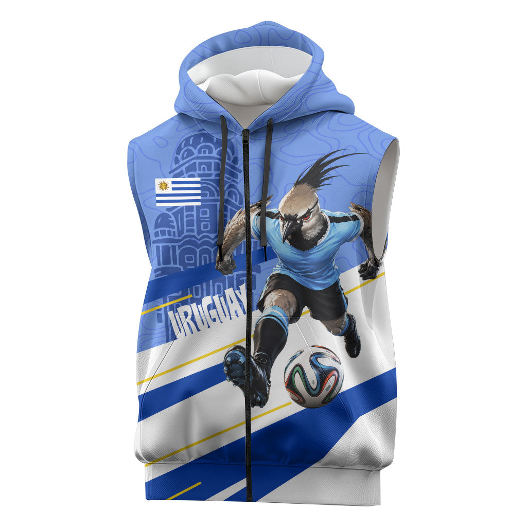 Personalized Uruguay Soccer Southern Lapwing Sleeveless Zip Hoodie Uruguayan Football Blue Topographic Pattern