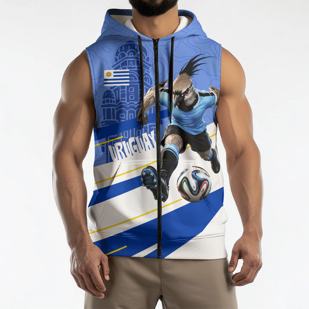 Personalized Uruguay Soccer Southern Lapwing Sleeveless Zip Hoodie Uruguayan Football Blue Topographic Pattern