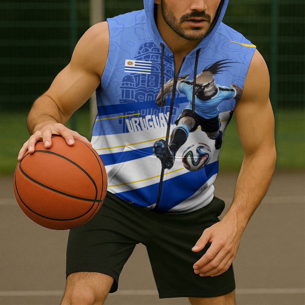 Personalized Uruguay Soccer Southern Lapwing Sleeveless Zip Hoodie Uruguayan Football Blue Topographic Pattern