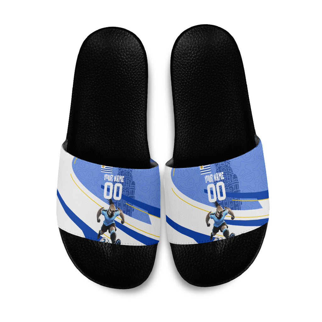 Personalized Uruguay Soccer Southern Lapwing Slide Sandals Uruguayan Football Blue Topographic Pattern