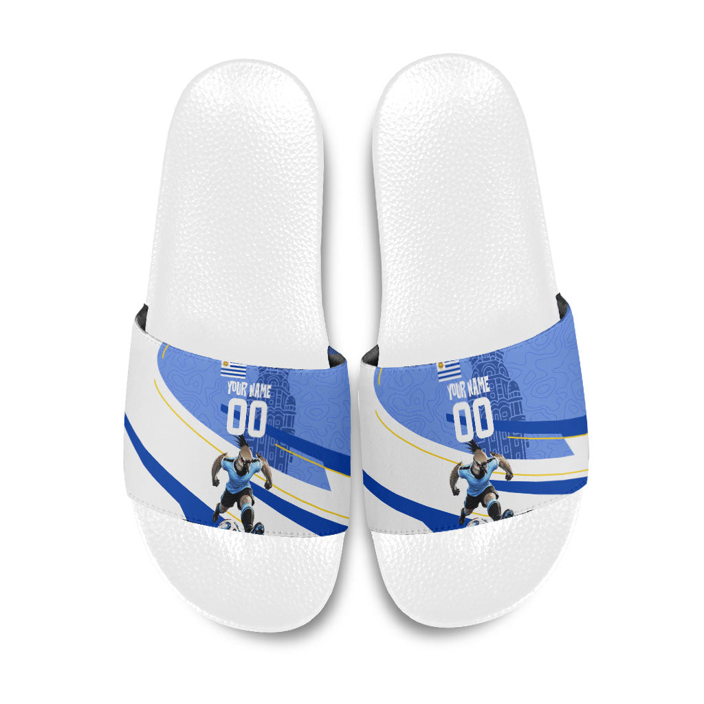 Personalized Uruguay Soccer Southern Lapwing Slide Sandals Uruguayan Football Blue Topographic Pattern
