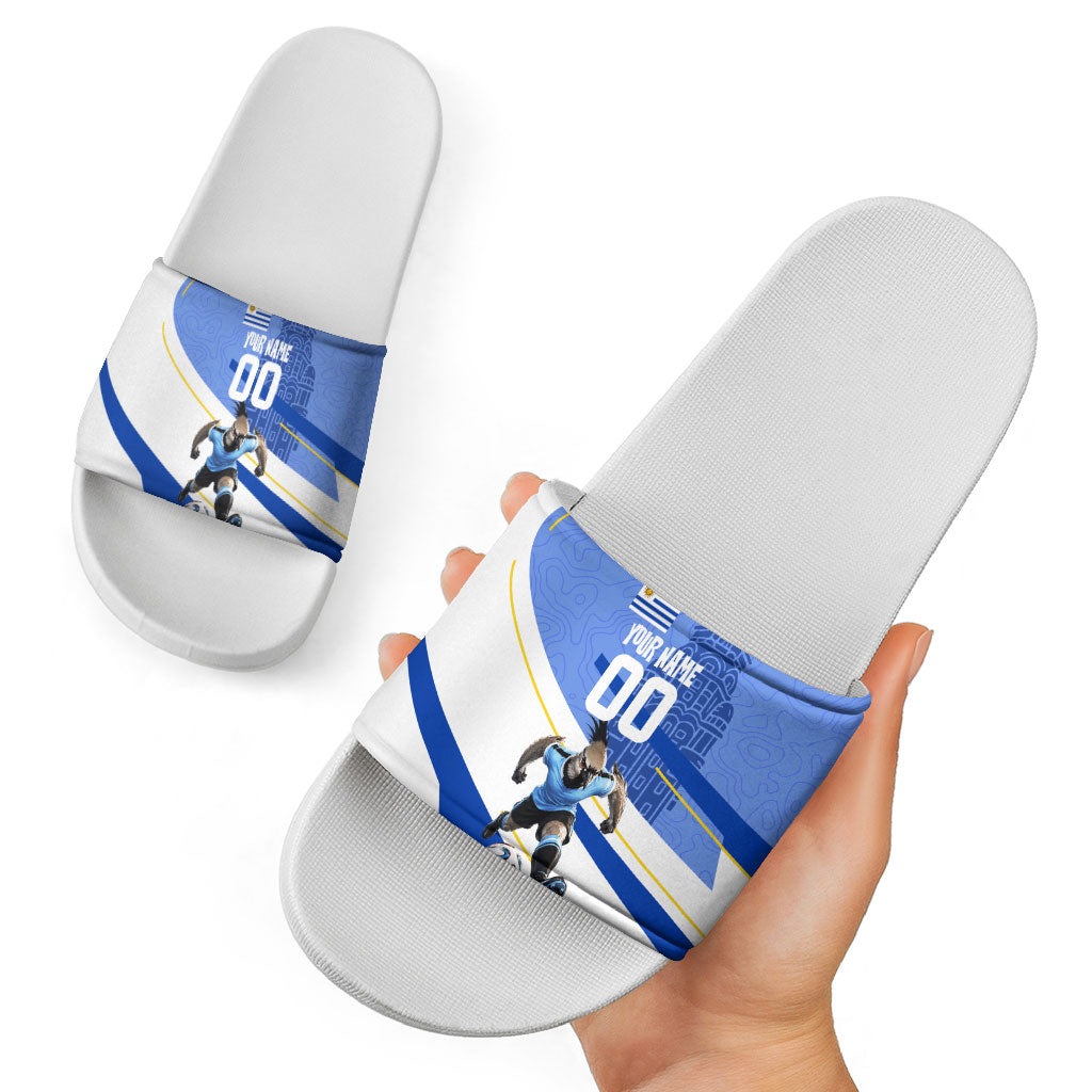 Personalized Uruguay Soccer Southern Lapwing Slide Sandals Uruguayan Football Blue Topographic Pattern