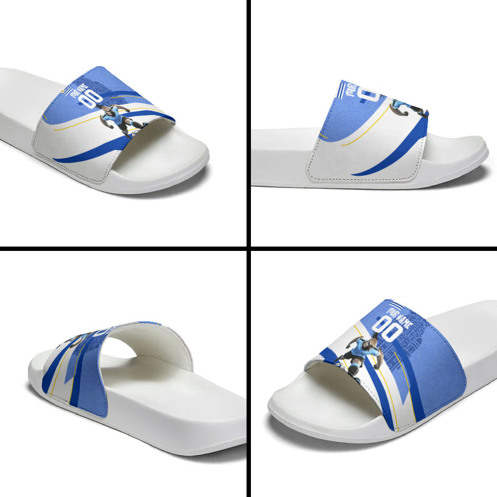 Personalized Uruguay Soccer Southern Lapwing Slide Sandals Uruguayan Football Blue Topographic Pattern