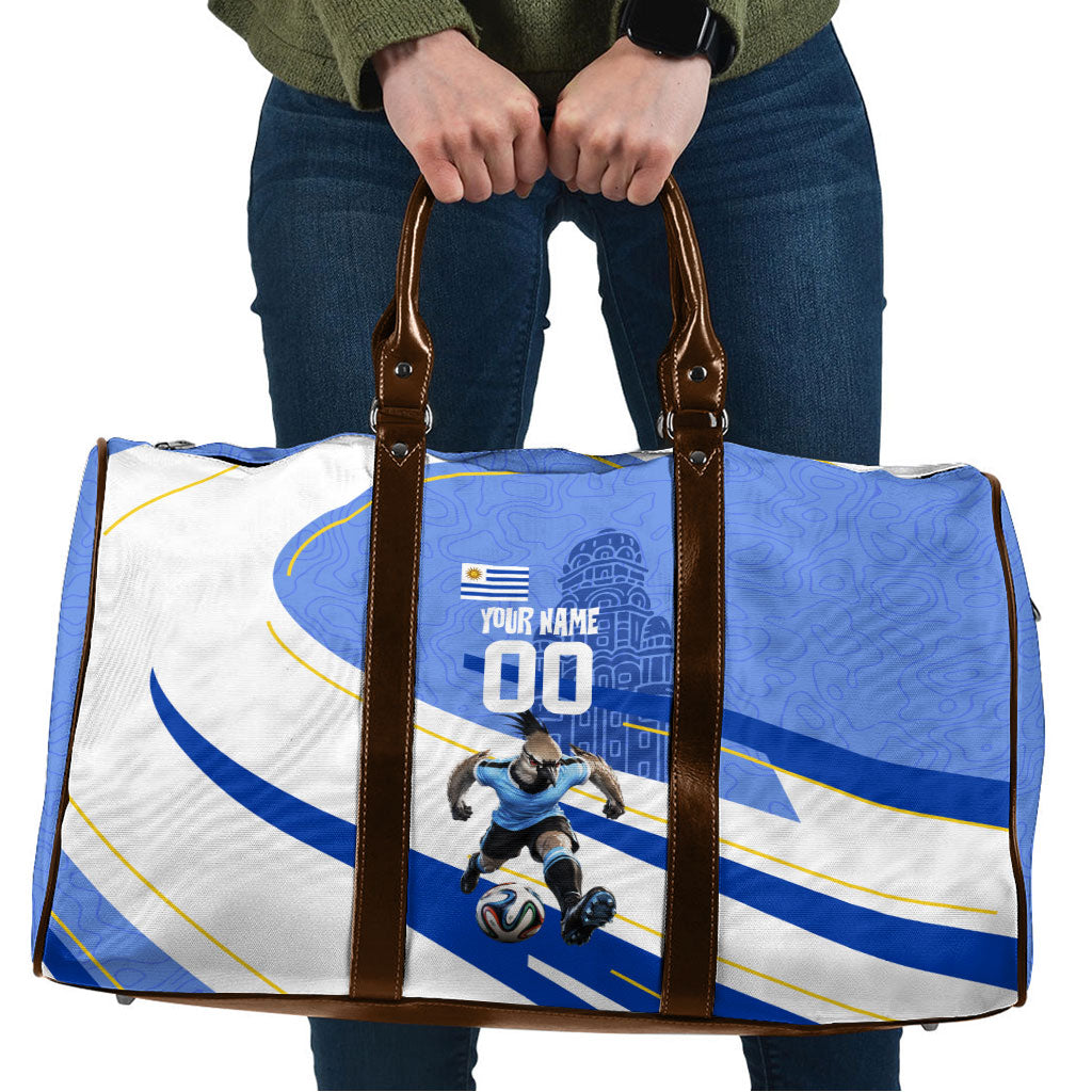 Personalized Uruguay Soccer Southern Lapwing Travel Bag Uruguayan Football Blue Topographic Pattern