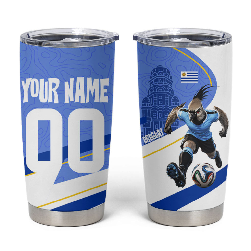 Personalized Uruguay Soccer Southern Lapwing Tumbler Cup Uruguayan Football Blue Topographic Pattern