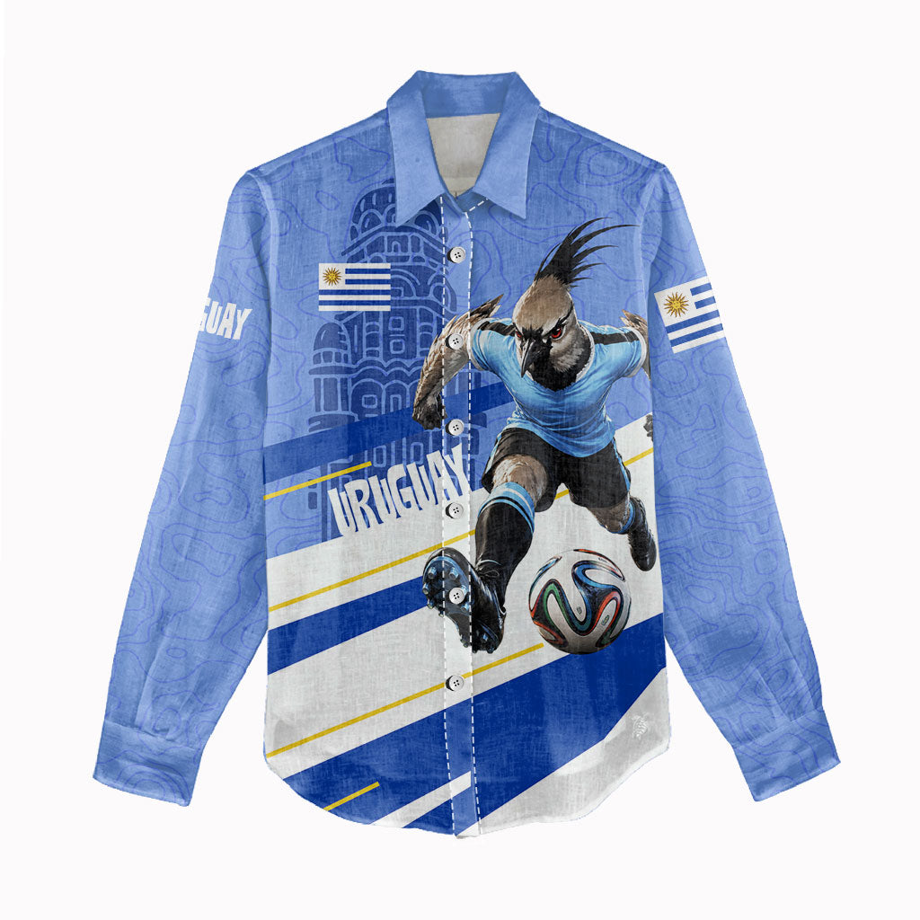 Personalized Uruguay Soccer Southern Lapwing Women Casual Shirt Uruguayan Football Blue Topographic Pattern