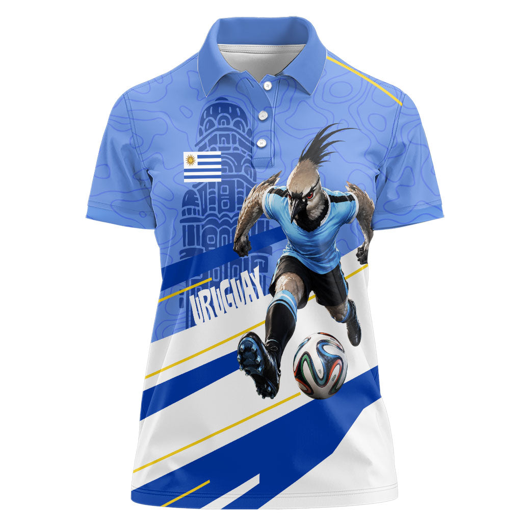 Personalized Uruguay Soccer Southern Lapwing Women Polo Shirt Uruguayan Football Blue Topographic Pattern