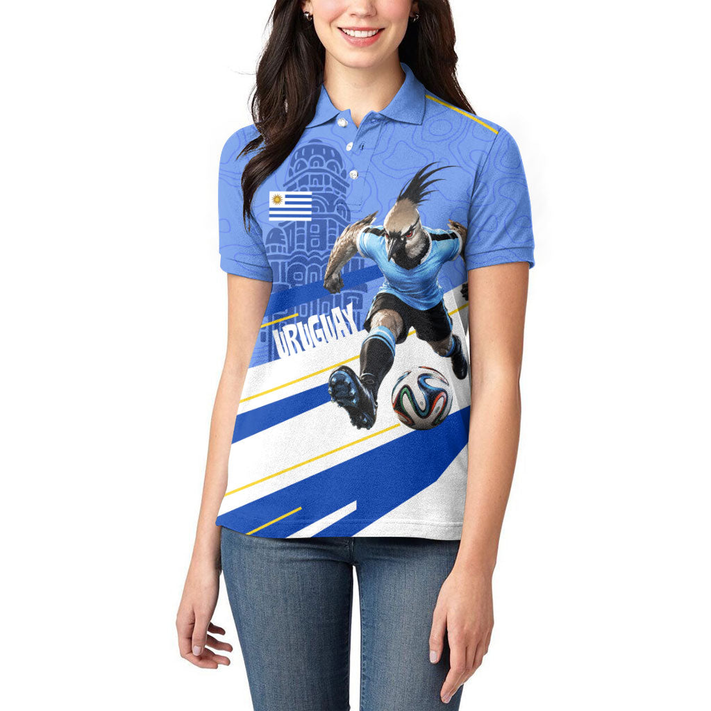 Personalized Uruguay Soccer Southern Lapwing Women Polo Shirt Uruguayan Football Blue Topographic Pattern