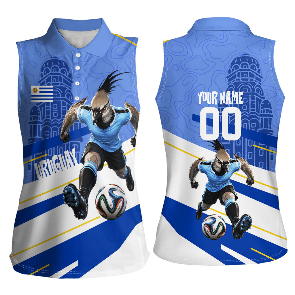 Personalized Uruguay Soccer Southern Lapwing Women Sleeveless Polo Shirt Uruguayan Football Blue Topographic Pattern