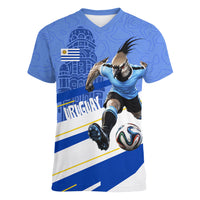 Personalized Uruguay Soccer Southern Lapwing Women V-Neck T-Shirt Uruguayan Football Blue Topographic Pattern
