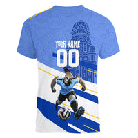 Personalized Uruguay Soccer Southern Lapwing Women V-Neck T-Shirt Uruguayan Football Blue Topographic Pattern