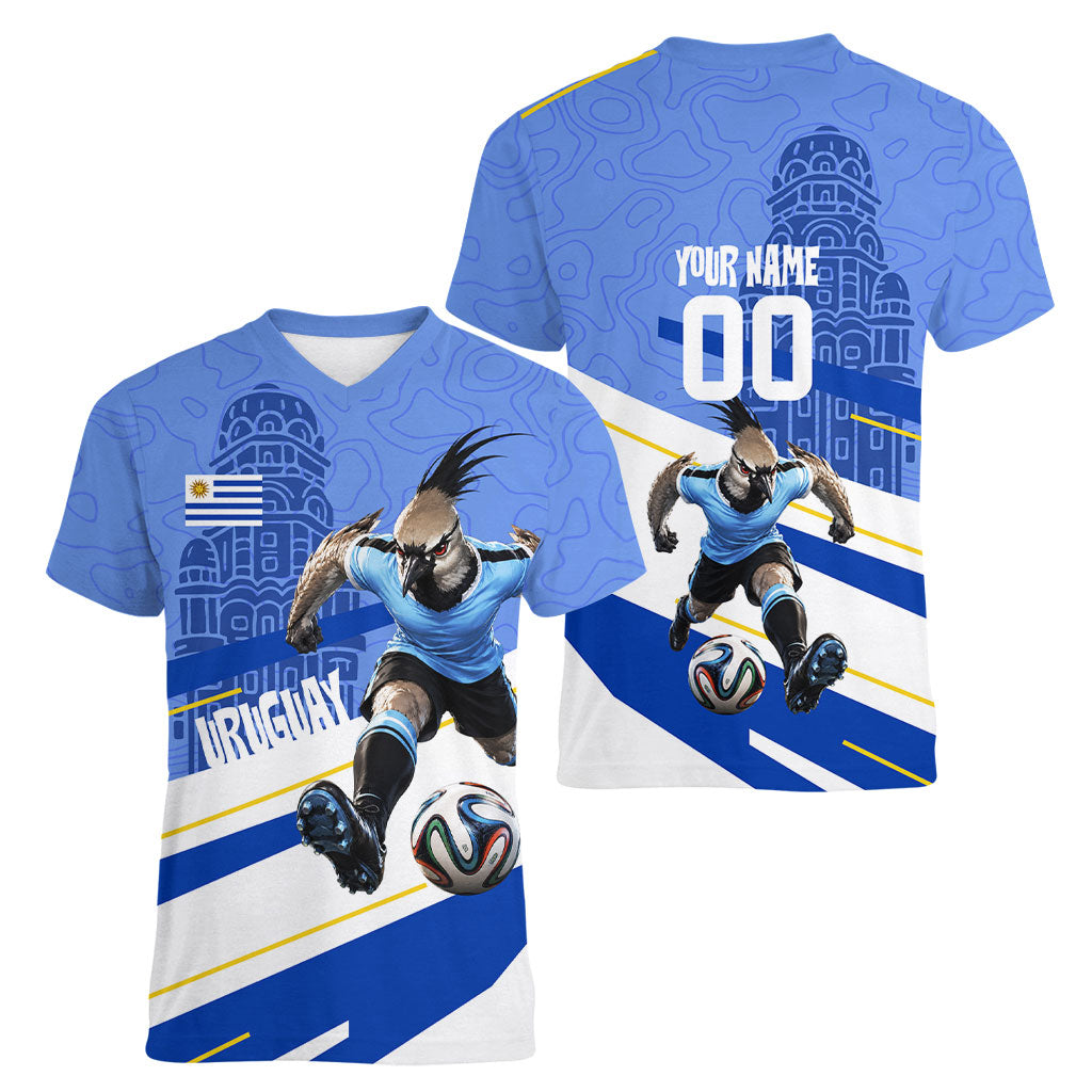 Personalized Uruguay Soccer Southern Lapwing Women V-Neck T-Shirt Uruguayan Football Blue Topographic Pattern
