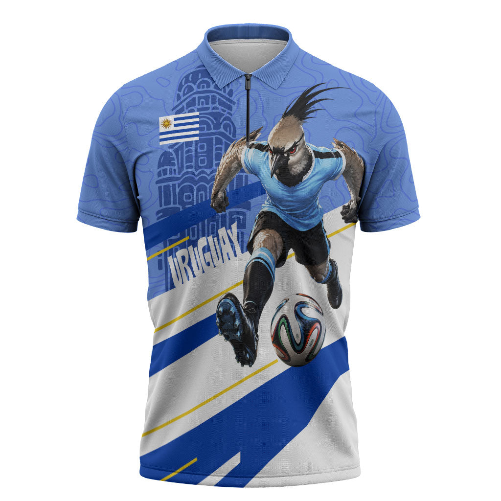 Personalized Uruguay Soccer Southern Lapwing Zipper Polo Shirt Uruguayan Football Blue Topographic Pattern