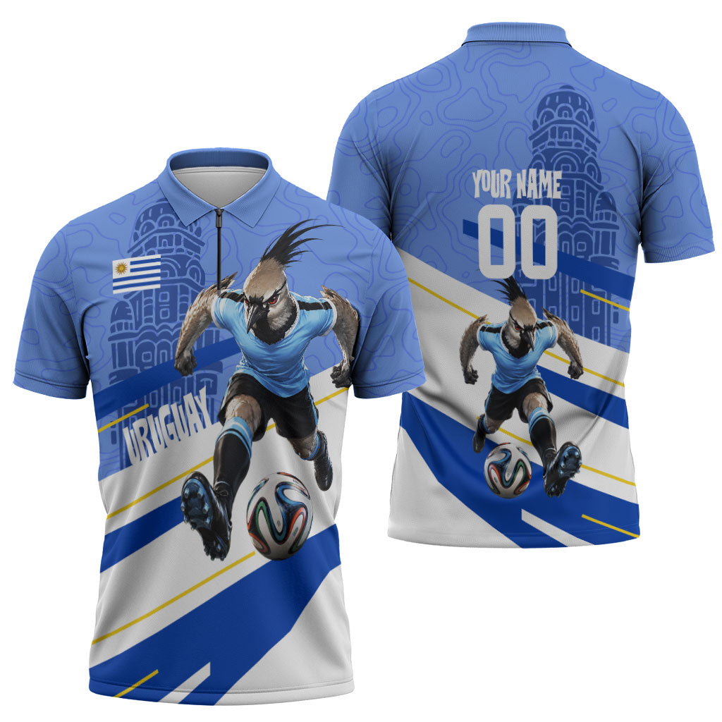Personalized Uruguay Soccer Southern Lapwing Zipper Polo Shirt Uruguayan Football Blue Topographic Pattern