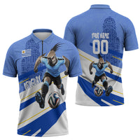Personalized Uruguay Soccer Southern Lapwing Zipper Polo Shirt Uruguayan Football Blue Topographic Pattern