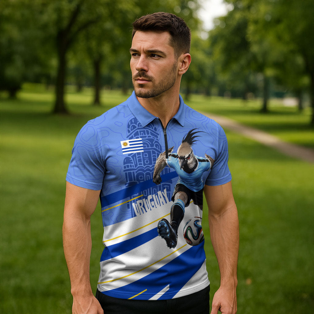 Personalized Uruguay Soccer Southern Lapwing Zipper Polo Shirt Uruguayan Football Blue Topographic Pattern