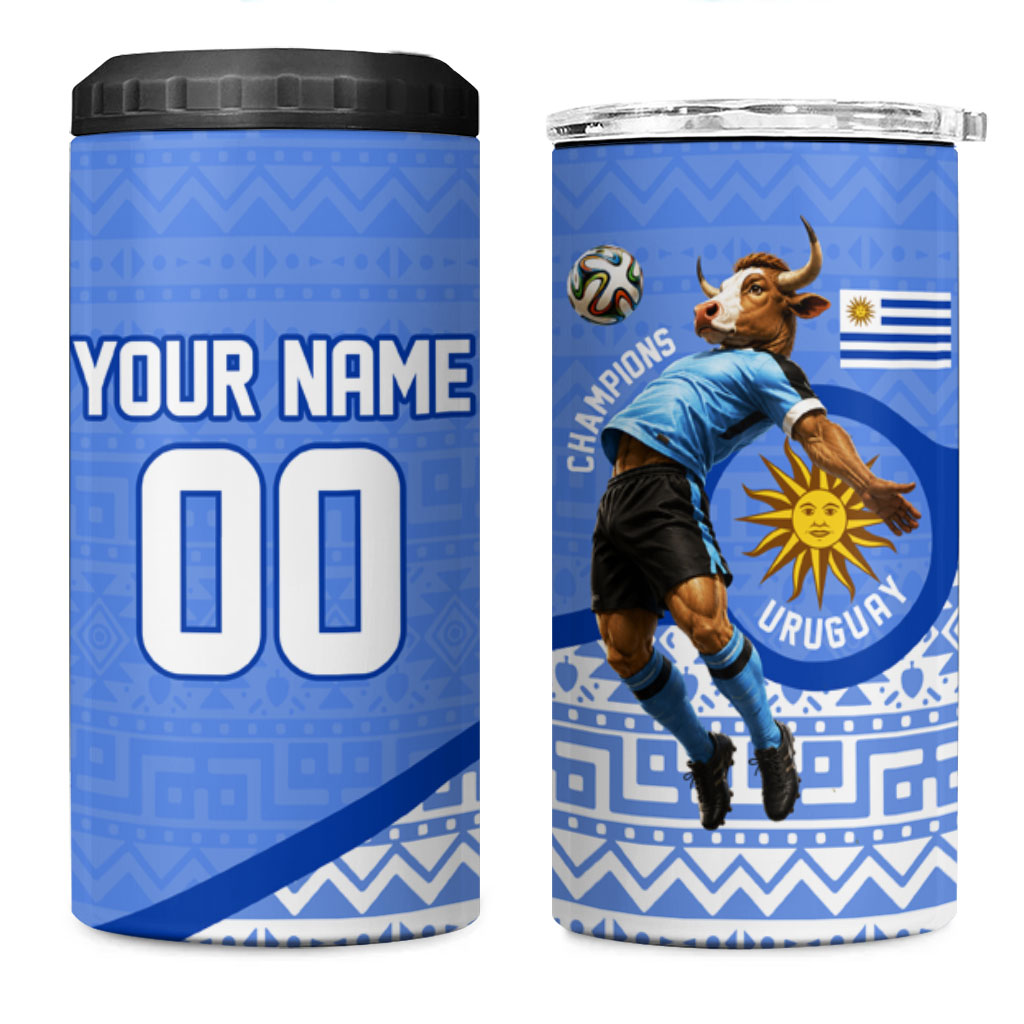 Personalized Uruguay Soccer Champions 4 in 1 Can Cooler Tumbler Uruguayan Football Sun Of May Bull Mascot