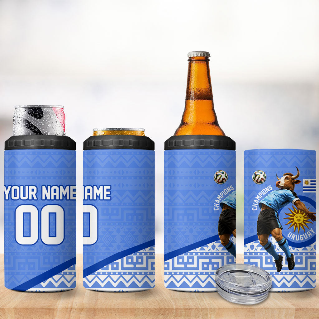 Personalized Uruguay Soccer Champions 4 in 1 Can Cooler Tumbler Uruguayan Football Sun Of May Bull Mascot