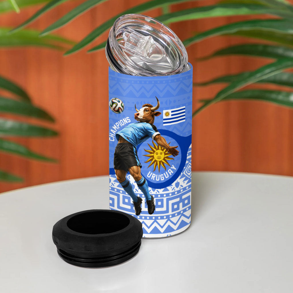 Personalized Uruguay Soccer Champions 4 in 1 Can Cooler Tumbler Uruguayan Football Sun Of May Bull Mascot