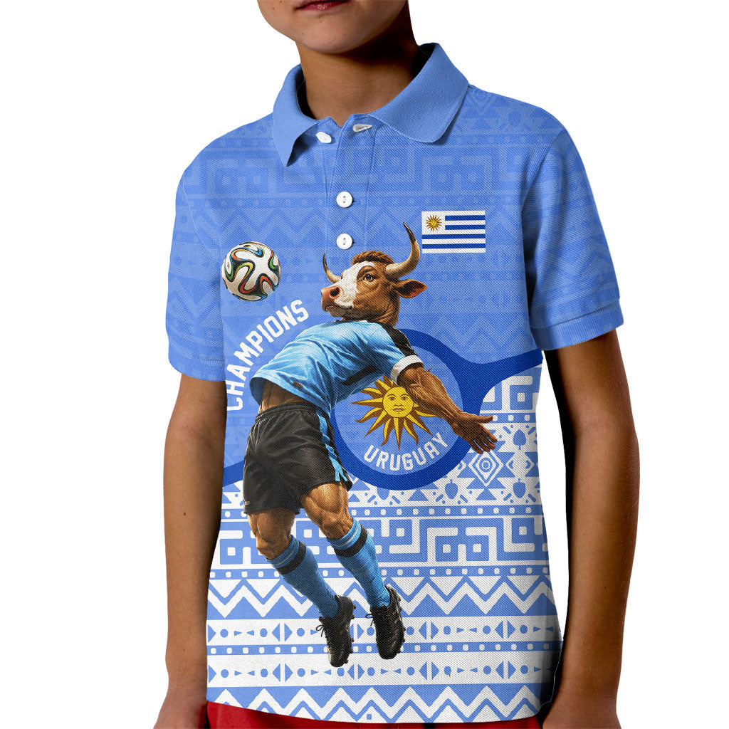 Personalized Uruguay Soccer Champions Kid Polo Shirt Uruguayan Football Sun Of May Bull Mascot