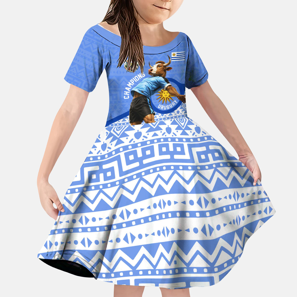 Personalized Uruguay Soccer Champions Kid Short Sleeve Dress Uruguayan Football Sun Of May Bull Mascot