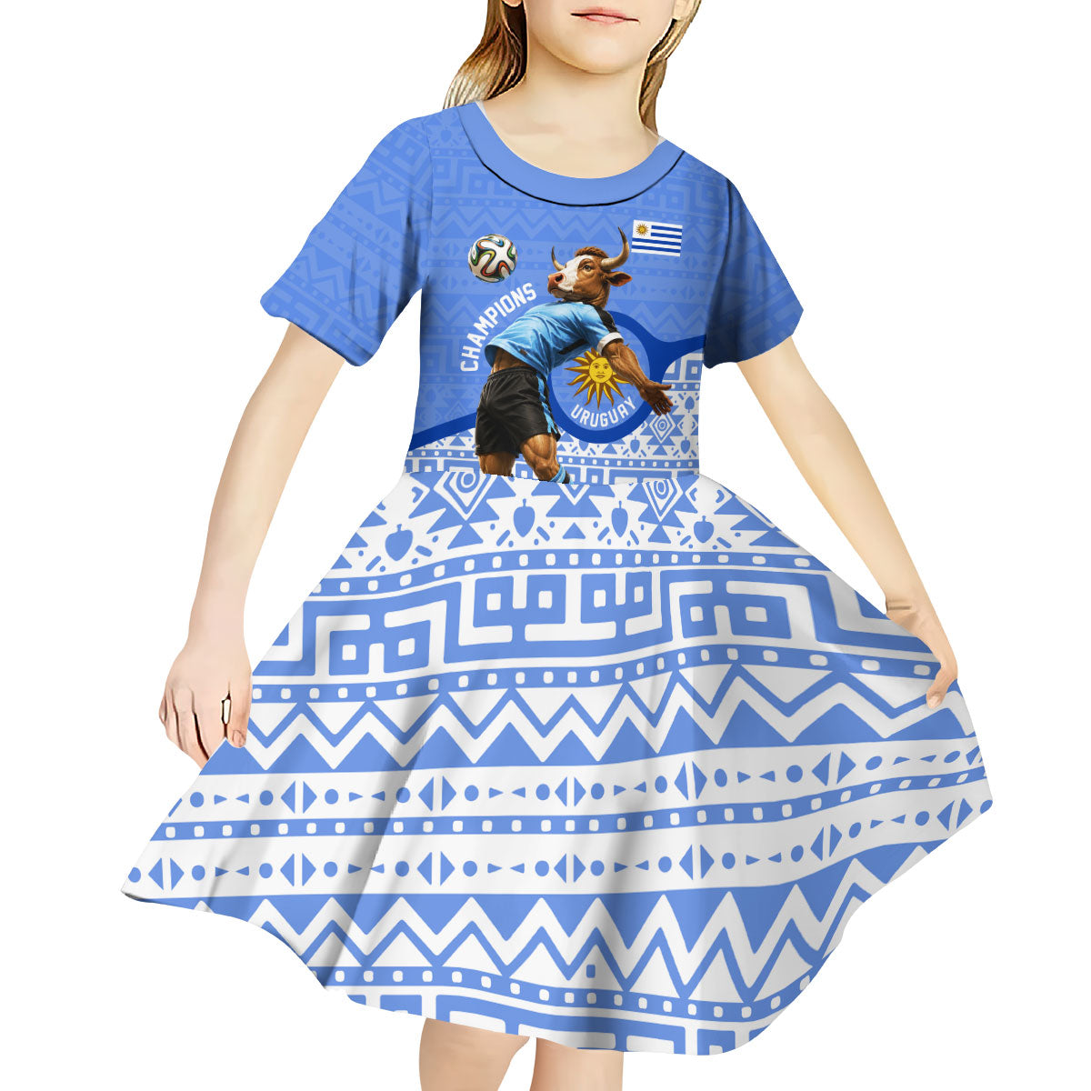 Personalized Uruguay Soccer Champions Kid Short Sleeve Dress Uruguayan Football Sun Of May Bull Mascot