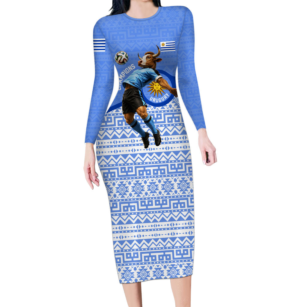 Personalized Uruguay Soccer Champions Long Sleeve Bodycon Dress Uruguayan Football Sun Of May Bull Mascot