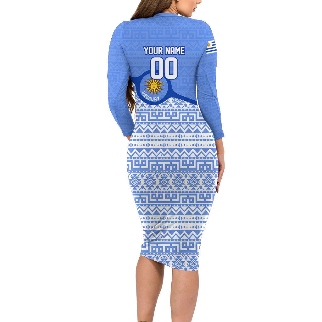 Personalized Uruguay Soccer Champions Long Sleeve Bodycon Dress Uruguayan Football Sun Of May Bull Mascot