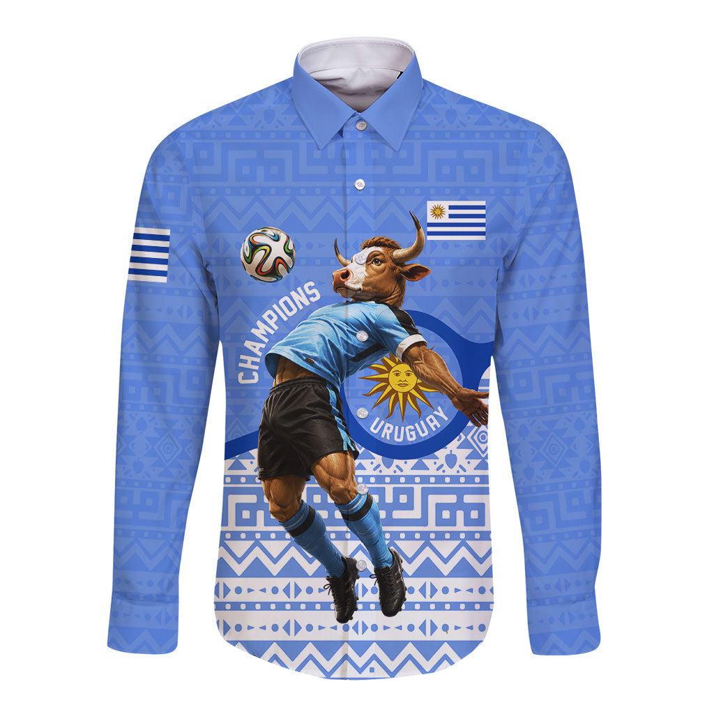 Personalized Uruguay Soccer Champions Long Sleeve Button Shirt Uruguayan Football Sun Of May Bull Mascot