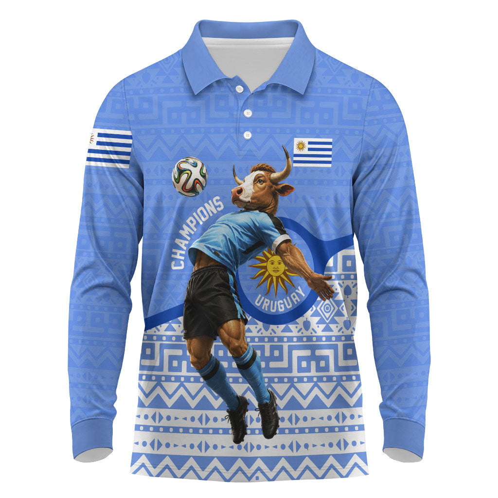 Personalized Uruguay Soccer Champions Long Sleeve Polo Shirt Uruguayan Football Sun Of May Bull Mascot