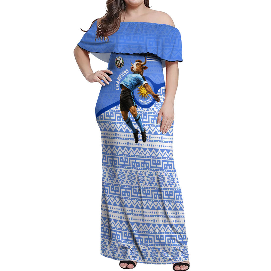 Personalized Uruguay Soccer Champions Off Shoulder Maxi Dress Uruguayan Football Sun Of May Bull Mascot