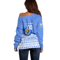 Personalized Uruguay Soccer Champions Off Shoulder Sweater Uruguayan Football Sun Of May Bull Mascot