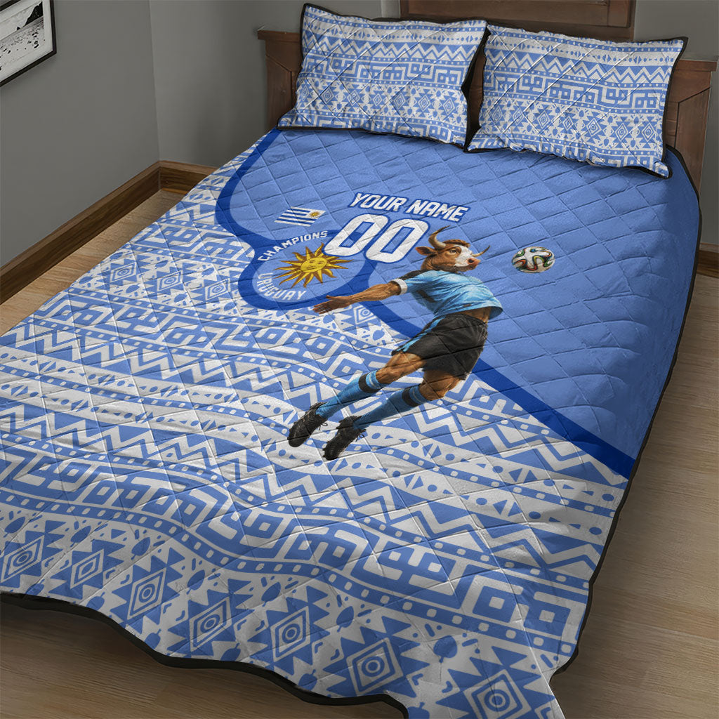 Personalized Uruguay Soccer Champions Quilt Bed Set Uruguayan Football Sun Of May Bull Mascot