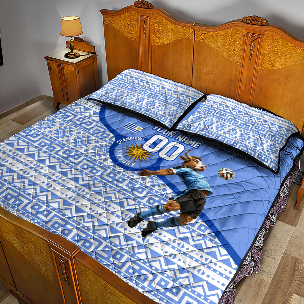 Personalized Uruguay Soccer Champions Quilt Bed Set Uruguayan Football Sun Of May Bull Mascot
