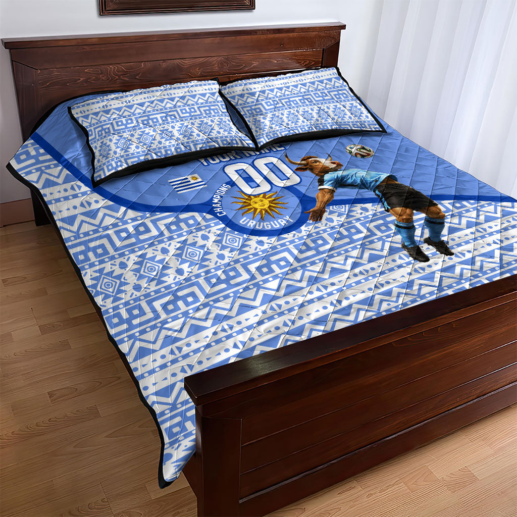 Personalized Uruguay Soccer Champions Quilt Bed Set Uruguayan Football Sun Of May Bull Mascot