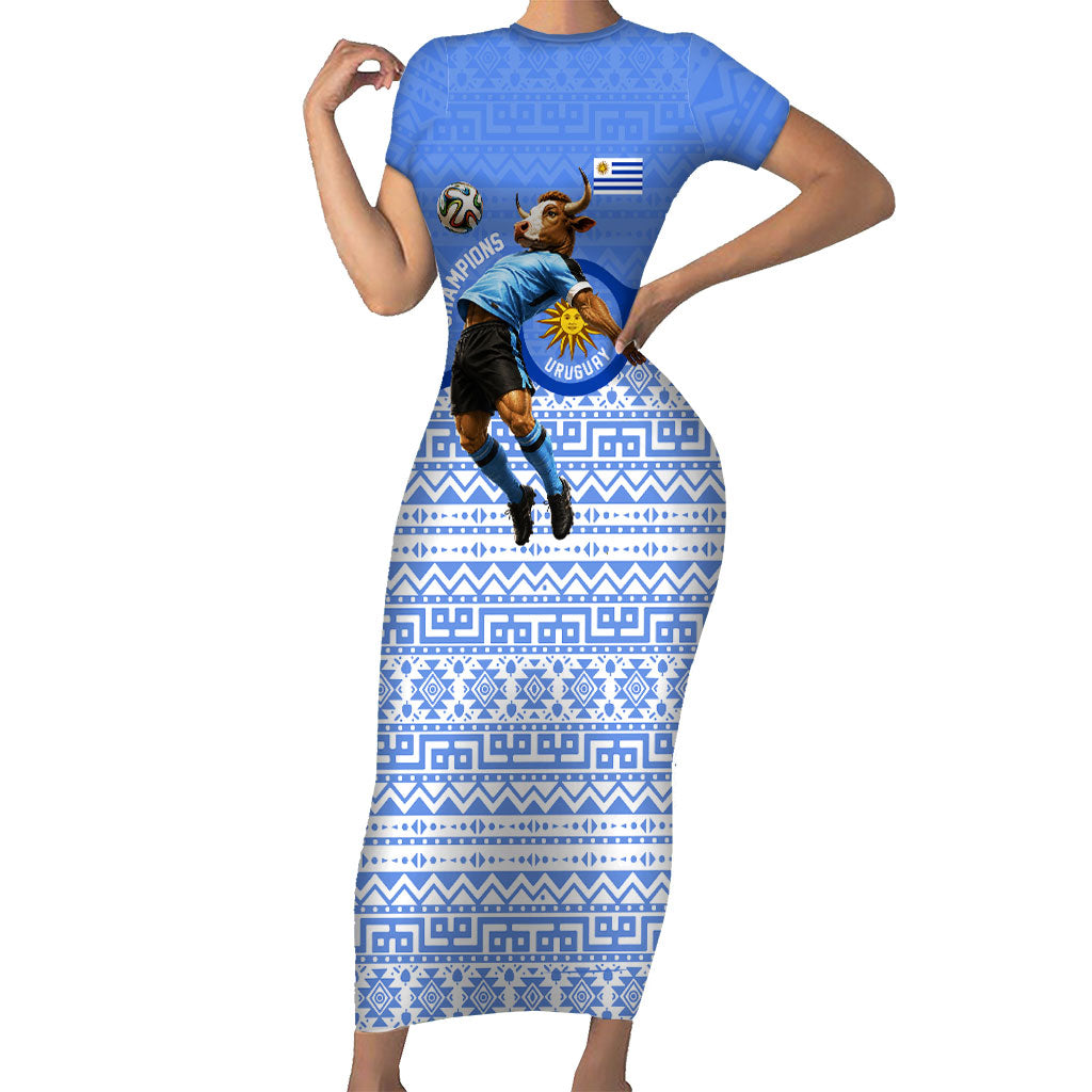 Personalized Uruguay Soccer Champions Short Sleeve Bodycon Dress Uruguayan Football Sun Of May Bull Mascot