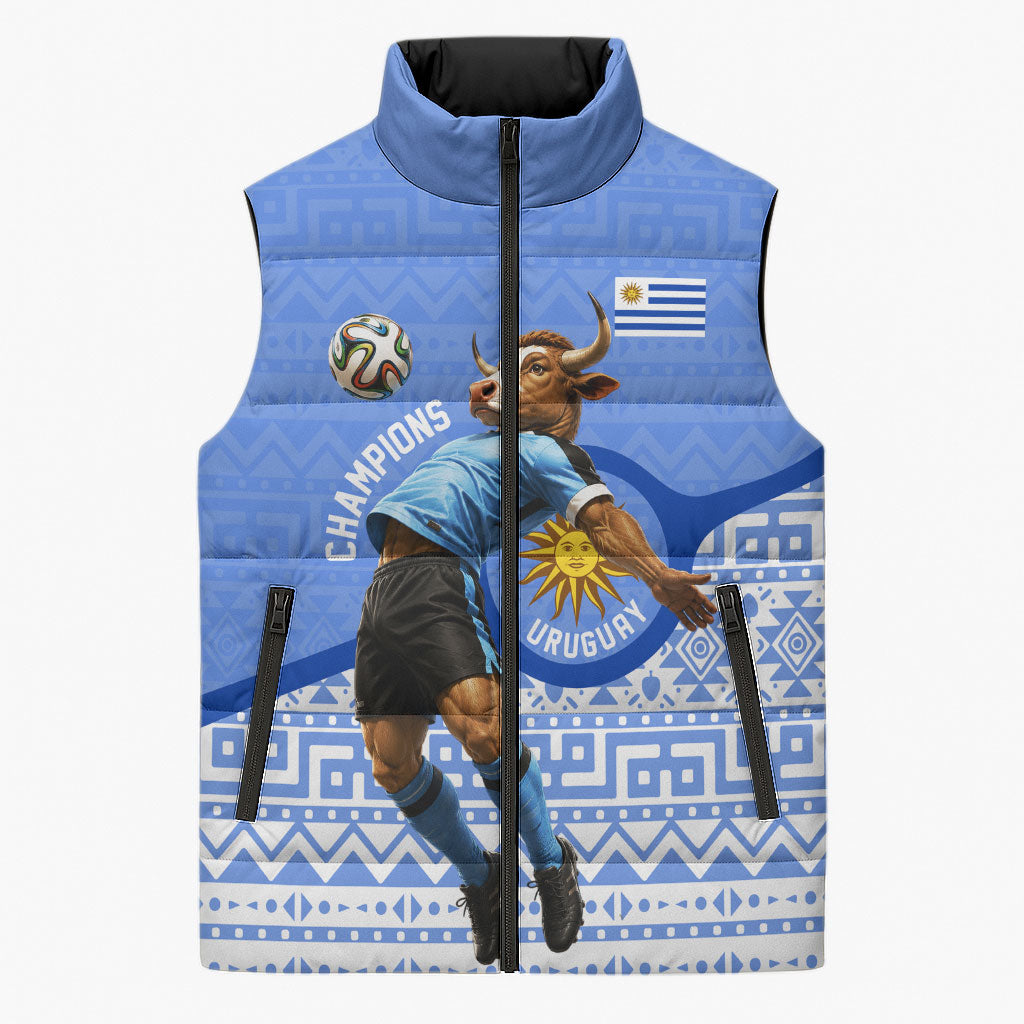 Personalized Uruguay Soccer Champions Sleeveless Puffer Jacket Uruguayan Football Sun Of May Bull Mascot