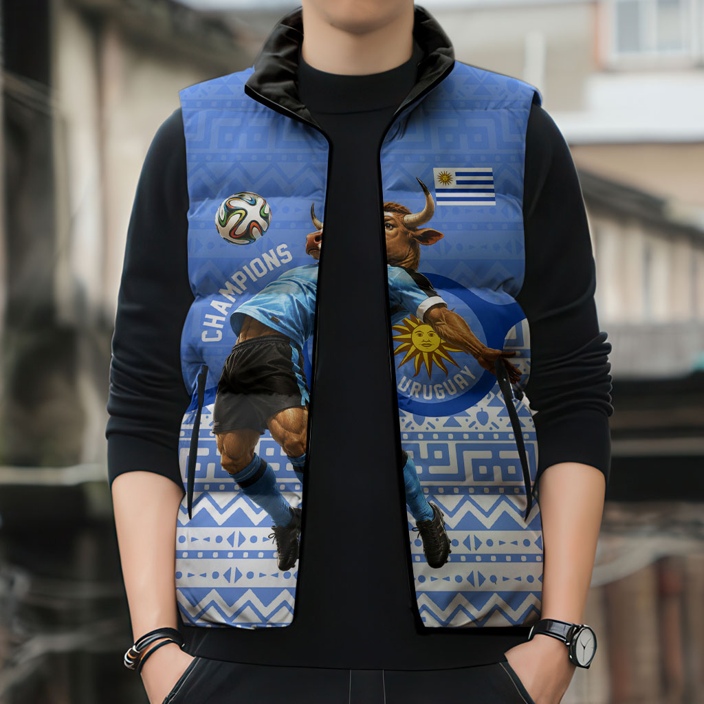 Personalized Uruguay Soccer Champions Sleeveless Puffer Jacket Uruguayan Football Sun Of May Bull Mascot