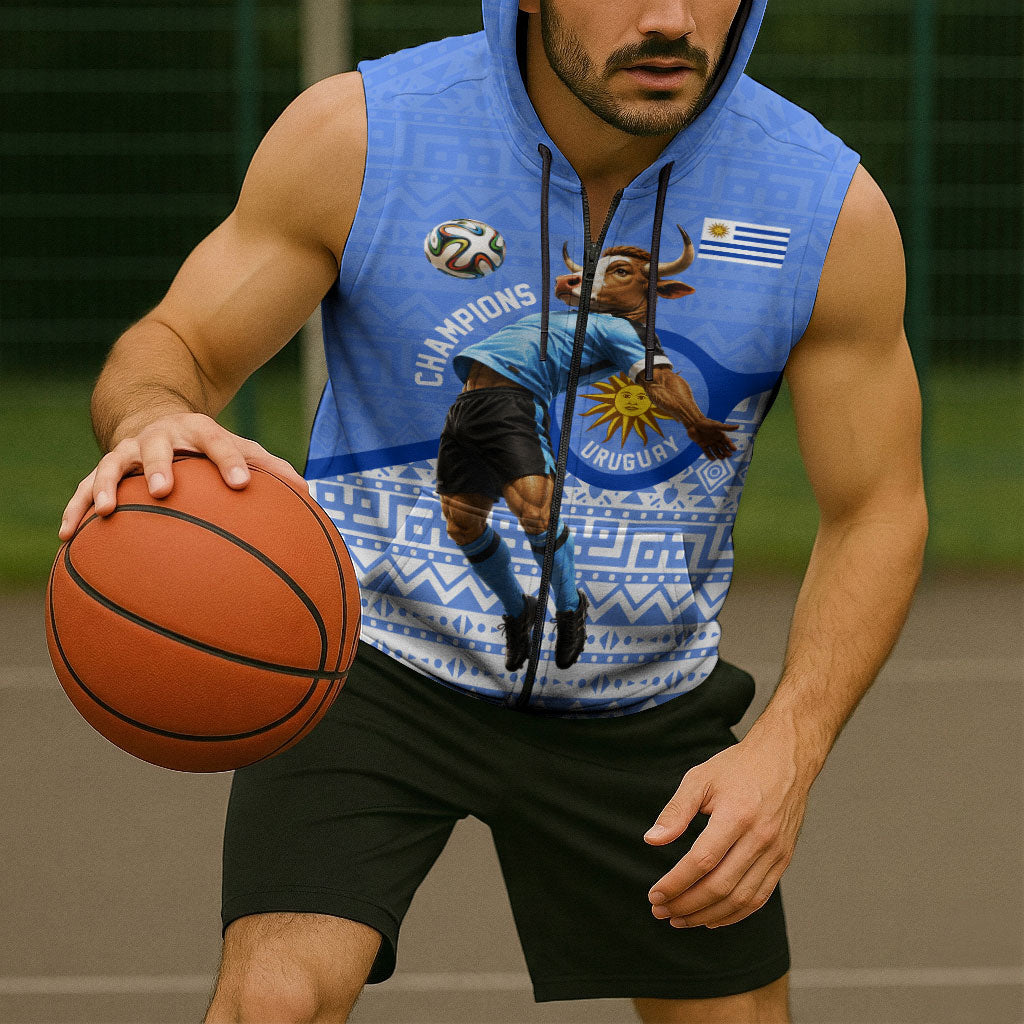 Personalized Uruguay Soccer Champions Sleeveless Zip Hoodie Uruguayan Football Sun Of May Bull Mascot